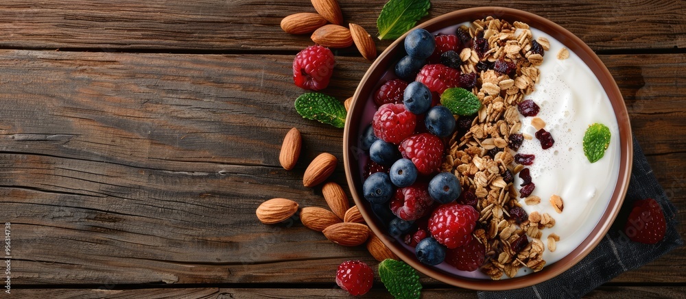 Poster top view of a delicious bowl with granola berries almonds and yogurt on a wooden table leaving room 
