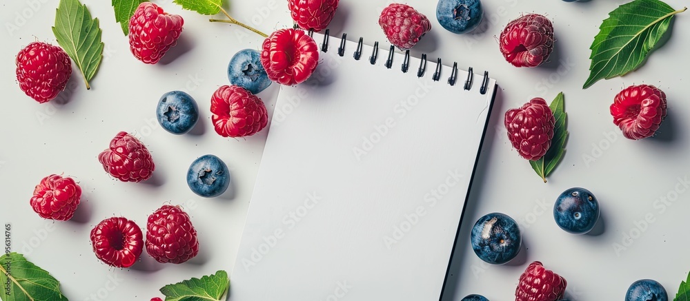 Fototapete top view of a spiral blank notebook adorned with blueberries and raspberries creating a summer holid