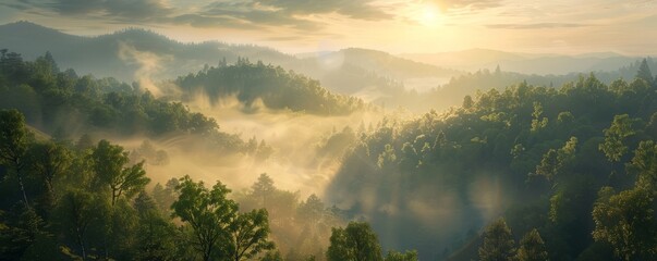 Naklejka premium Forested hills with a misty sunrise, 4K hyperrealistic photo,