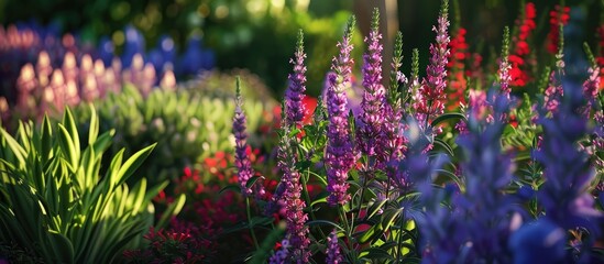 Obraz premium Various colored Salvia nemorosa plants create a vibrant display in the garden perfect for a copy space image