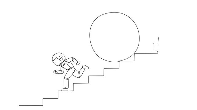 Animated self drawing of continuous line drawing the astronaut running down stairs avoiding big ball. Attacked by business friends. Traitor in business. Betray. Full length single line animation