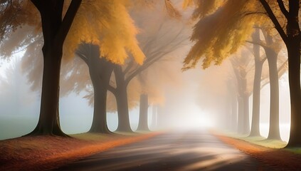 foggy early morning fall season showing road lined trees also referred driveway path boulevard trail