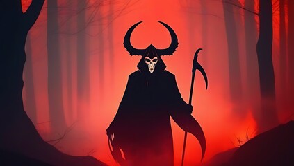 grim reaper horns lurks forest capturing halloween concept themes baphomet lucifer demons surrounded red fire smoke hellish landscape