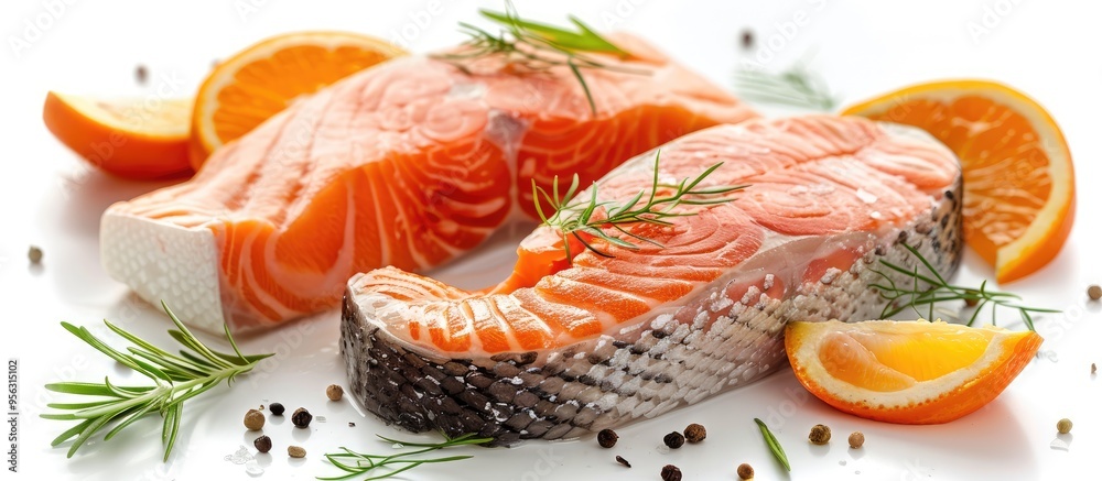 Poster Cooked salmon steaks on white background with room for text pair with veggies and citrus for a nutritious meal. Creative banner. Copyspace image