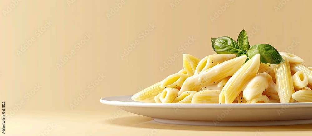 Poster side view of a plate with boursin pasta homemade and baked with copy space image
