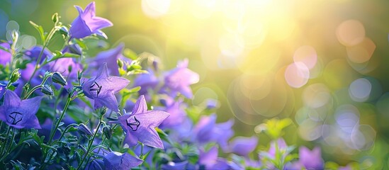 Summer nature scene with a photo of purple bellflowers surrounded by copy space image