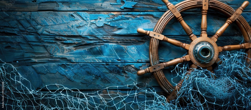 Poster wooden background showcasing a nautical ship wheel blue fishing net frame and ample copy space image
