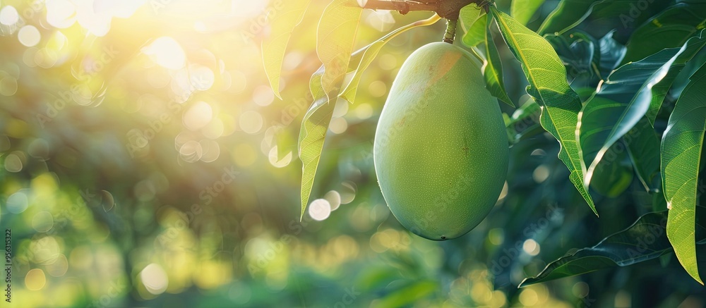 Aufkleber a vibrant youthful and ripe green mango fruit is suspended from a tree in an organic farm creating a