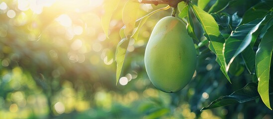 A vibrant youthful and ripe green mango fruit is suspended from a tree in an organic farm creating a picturesque scene with copy space image