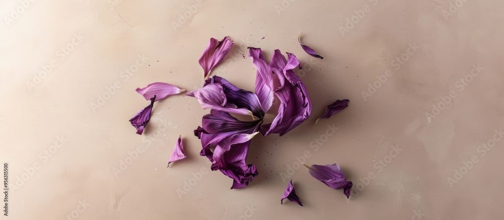 Aufkleber purple art of a broken pion flower and petal displayed on a beige neutral background in a top view c