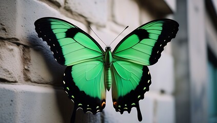 vibrant green butterfly contrasts old concrete wall