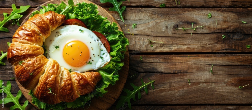 Poster top view of a healthy breakfast featuring a croissant sandwich with egg cheese and fresh green lettu