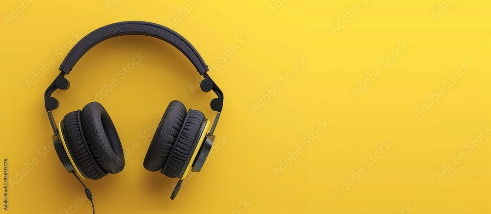 Aufkleber top view of headphones on a yellow backdrop with room for a copy space image