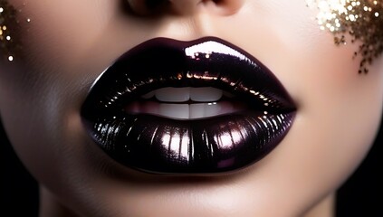 glossy shiny lips starry drip effect featuring pearly black lipstick metallic glitter effect lips isolated white background space text