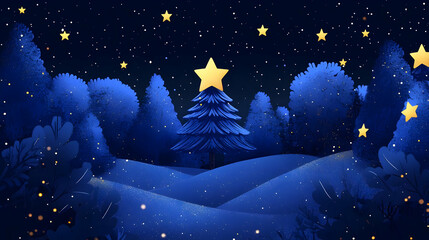 Blue Night Forest with Golden Stars and Pine Tree