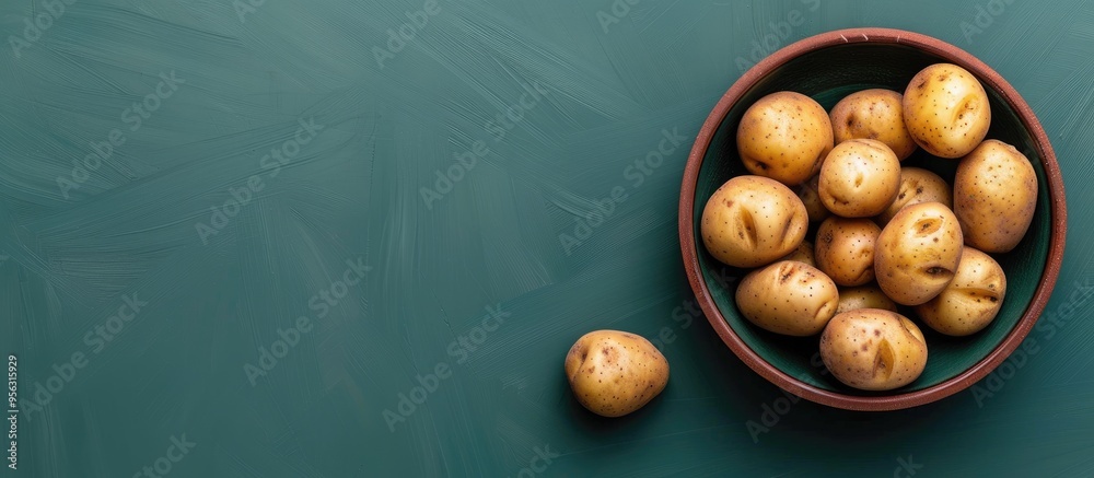 Poster Top view of a bowl filled with fresh raw potatoes on a green background featuring copy space image