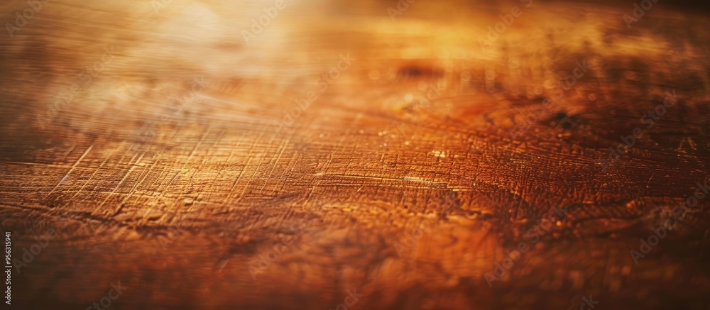 Poster macro close up of a vintage style wooden table with a grainy texture providing an empty format for a