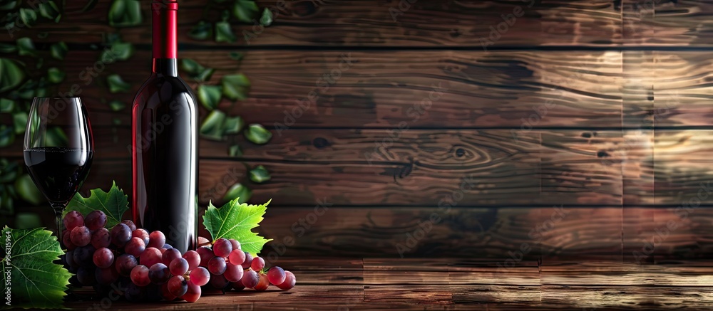 Aufkleber red wine bottle with grapes and glass on wood backdrop with copy space image