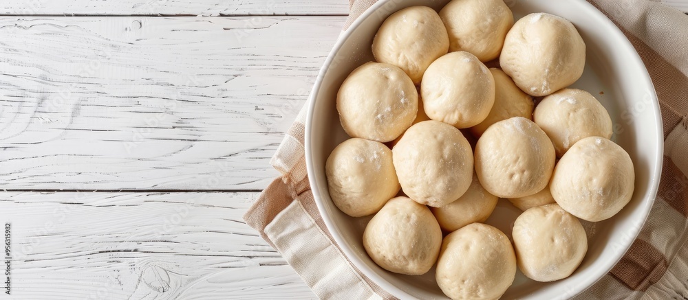 Aufkleber top down view of scrumptious dough balls in a baking dish on a white wooden surface with ample space