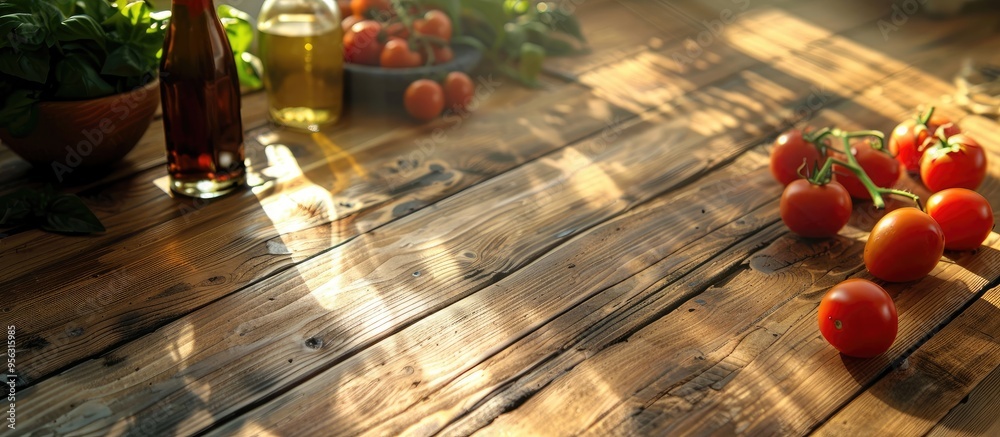 Poster wooden table displays balsamic vinegar tomatoes and various items with room for text in copy space i