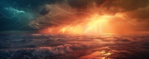 Fototapeta premium Lightning bolts striking over distant horizon, 4K hyperrealistic photo