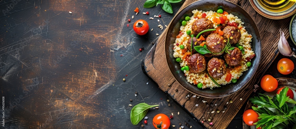 Leinwandbilder a delicious and fresh meal featuring couscous with meatballs in vegetable sauce set on a rustic tabl