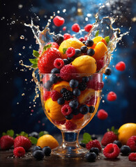A splash of fresh fruits and berries in a clear glass