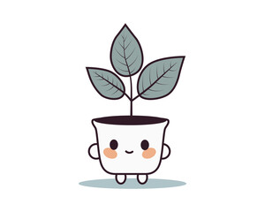 Cute lovely houseplant vector art. Kawaii faces on flower pot with plant. Cartoon style for print.