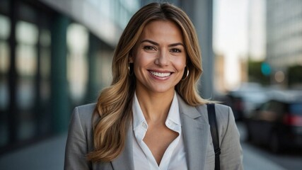 Fototapeta premium 自信と成功を体現するビジネスウーマンが見せる輝かしい笑顔を描いたポートレート