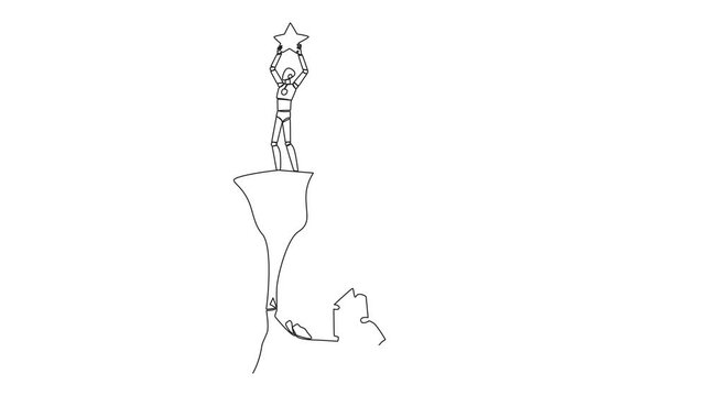 Animation of single one line drawing smart robot standing on a cliff lifting a star. An envious friend, eating away at success from the inside to fall down. The traitor. Full length motion