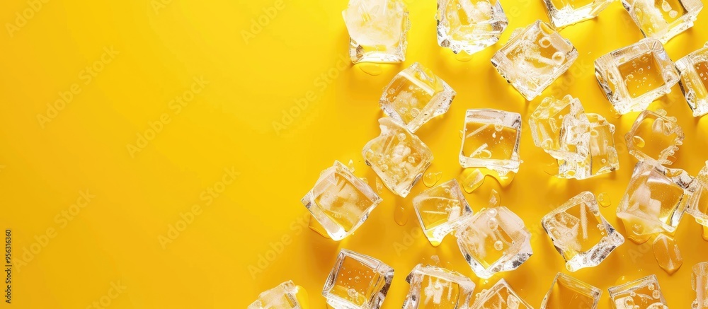 Aufkleber Yellow backdrop featuring transparent ice cubes perfect for text placement in a flat lay copy space image