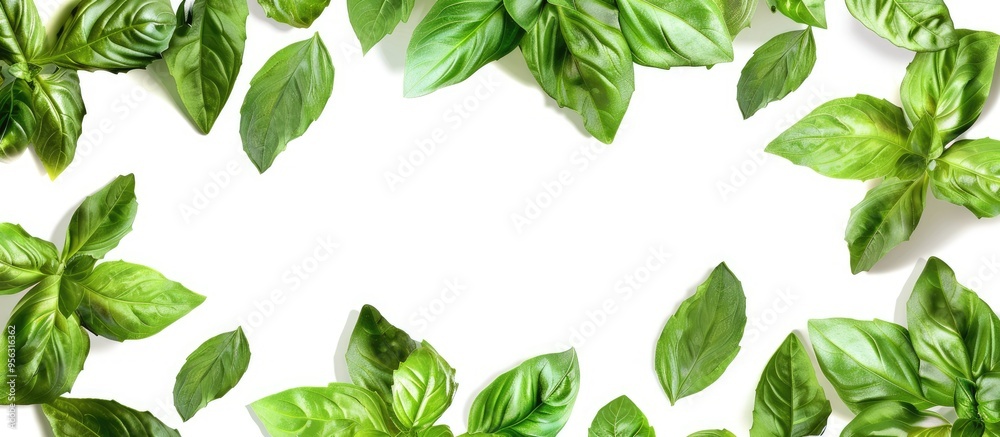Poster White background framed by basil leaves with copy space image