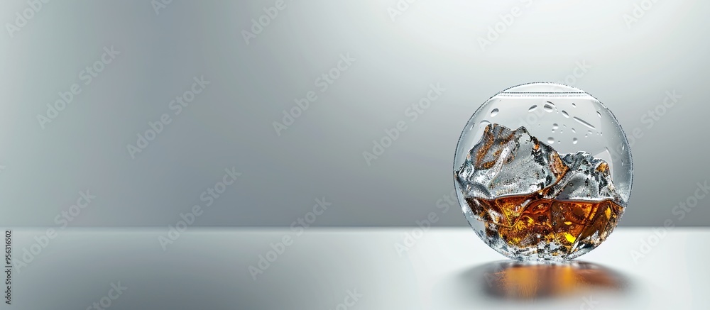 Aufkleber Close up view of a spherical ice cube with whiskey in a studio setting set against a blank background for copy space image
