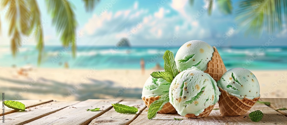 Poster a summer themed copy space image featuring mint ice cream scoops in waffle cones on a wooden table s