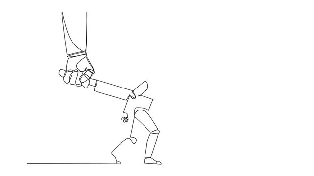 Animation of a single one line drawing robotic stabbed in the back by a large knife. Cheated to ruin by a business partner. An enemy disguised as a friend. The traitor. Full length motion