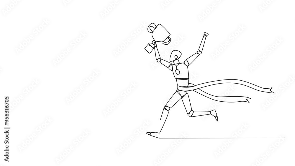 Poster animated self drawing of single continuous line drawing smart robot running with trophy. a dangerous