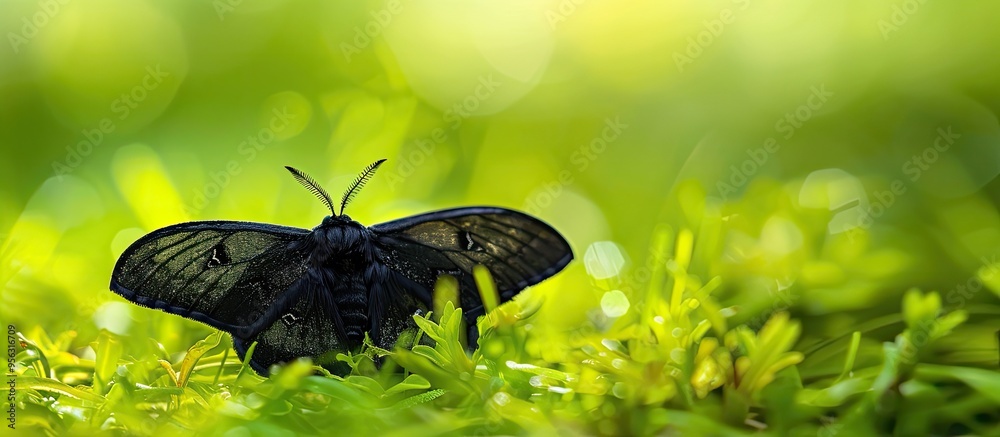 Poster a black moth odezia atrata perched on lush green grass with copy space image