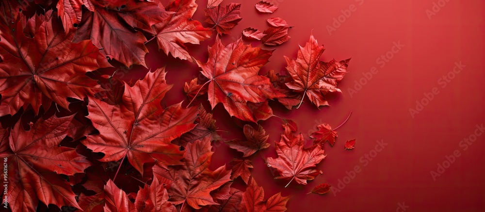 Poster Maple leaves adorned on a red background with copy space image