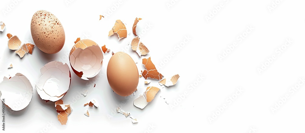 Poster cracked eggshells on white background with copy space image