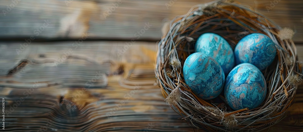 Fototapete Modern classic blue Easter eggs in a nest on a wooden table creating a festive Easter decoration with a spacious area for text or images. Creative banner. Copyspace image
