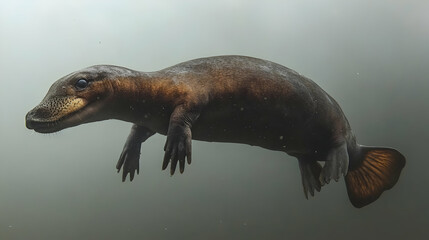 Fototapeta premium Sea Otter Swimming Underwater in Foggy Water