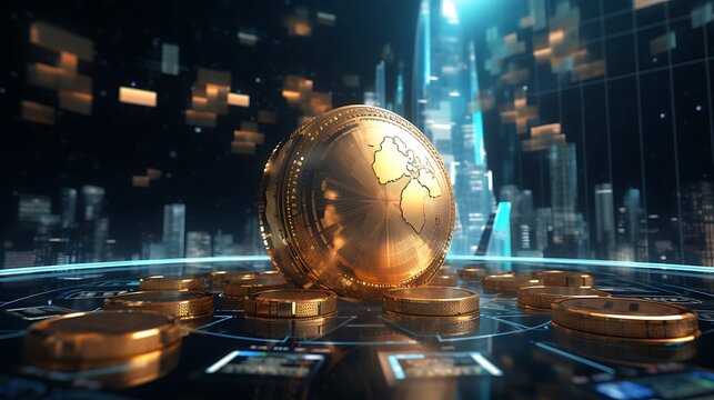 An array of global currency coins displayed on a futuristic digital interface, symbolizing the convergence of traditional finance with modern technology.