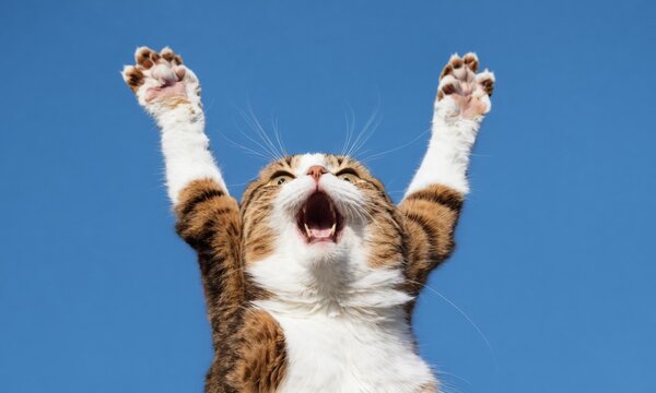 Cat yelling with paws in the air
