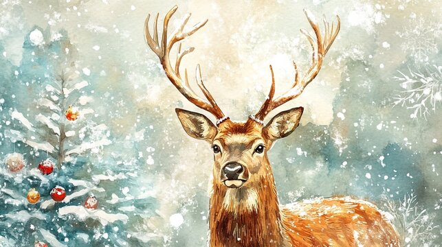 Watercolor Christmas deer on a light background