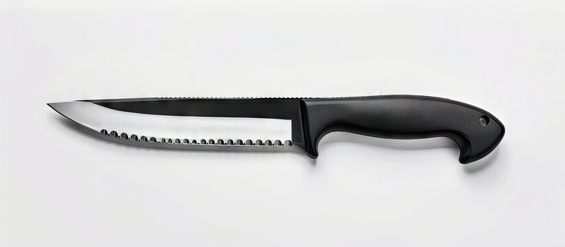 Serrated blade kitchen knife with a black plastic handle isolated on a white background providing copy space in a side view image