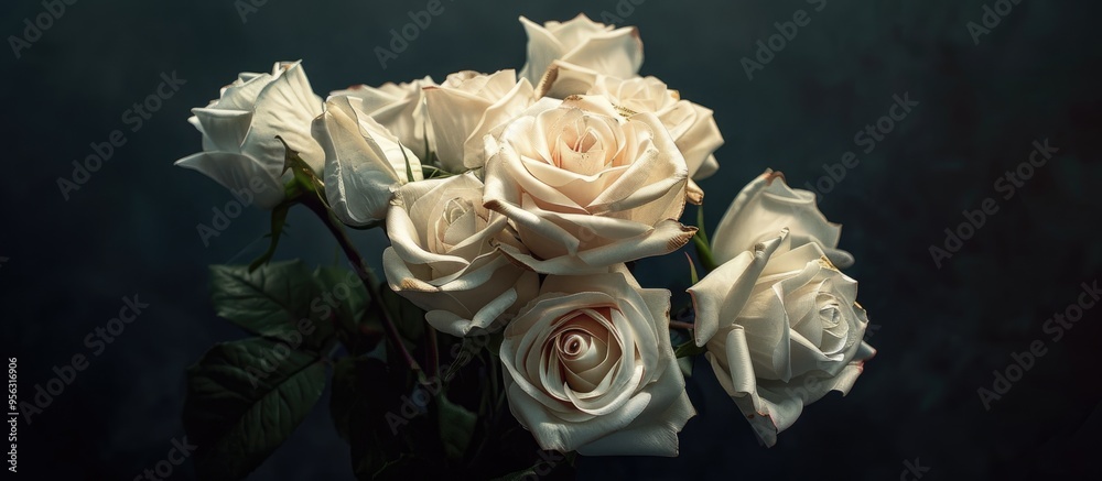 Fototapete Artificial white roses creating a floral arrangement on a dark backdrop providing a copy space image for text inclusion
