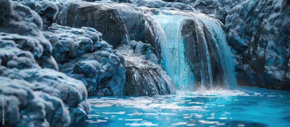 Poster Icelandic waterfall with a blue hue cascading over white rocks with a vibrant and striking turquoise color ideal for use as a copy space image