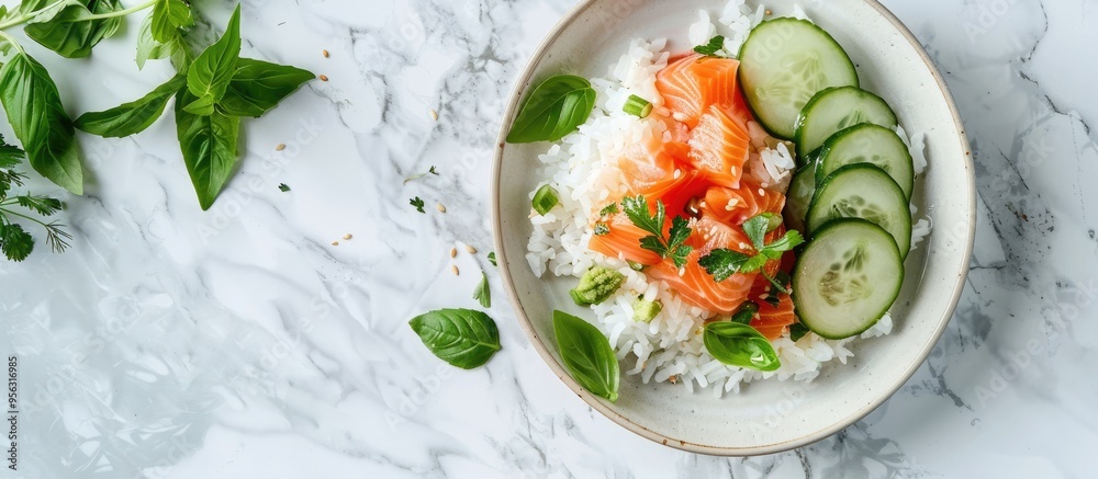Aufkleber Salmon and rice with cucumbers set against a white marble backdrop captured from above in a copy space image