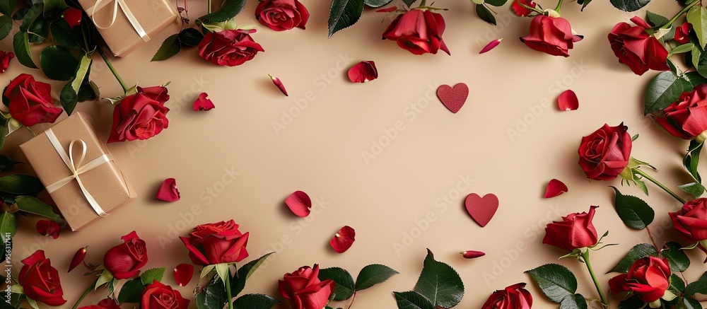 Poster A top view flat lay arrangement with a frame of vibrant red roses a gift box and a heart on a beige background creating a display with ample copy space for customization