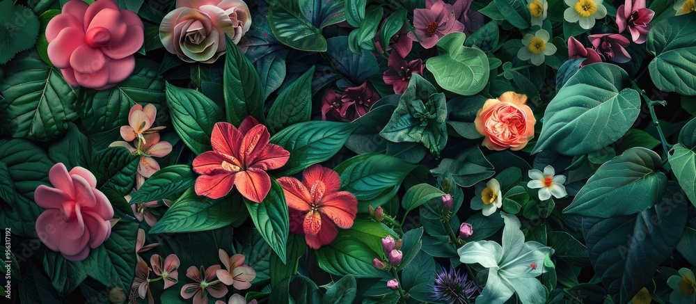 Aufkleber beautiful flowers in various styles displayed in an attractive manner in a lush garden setting with 